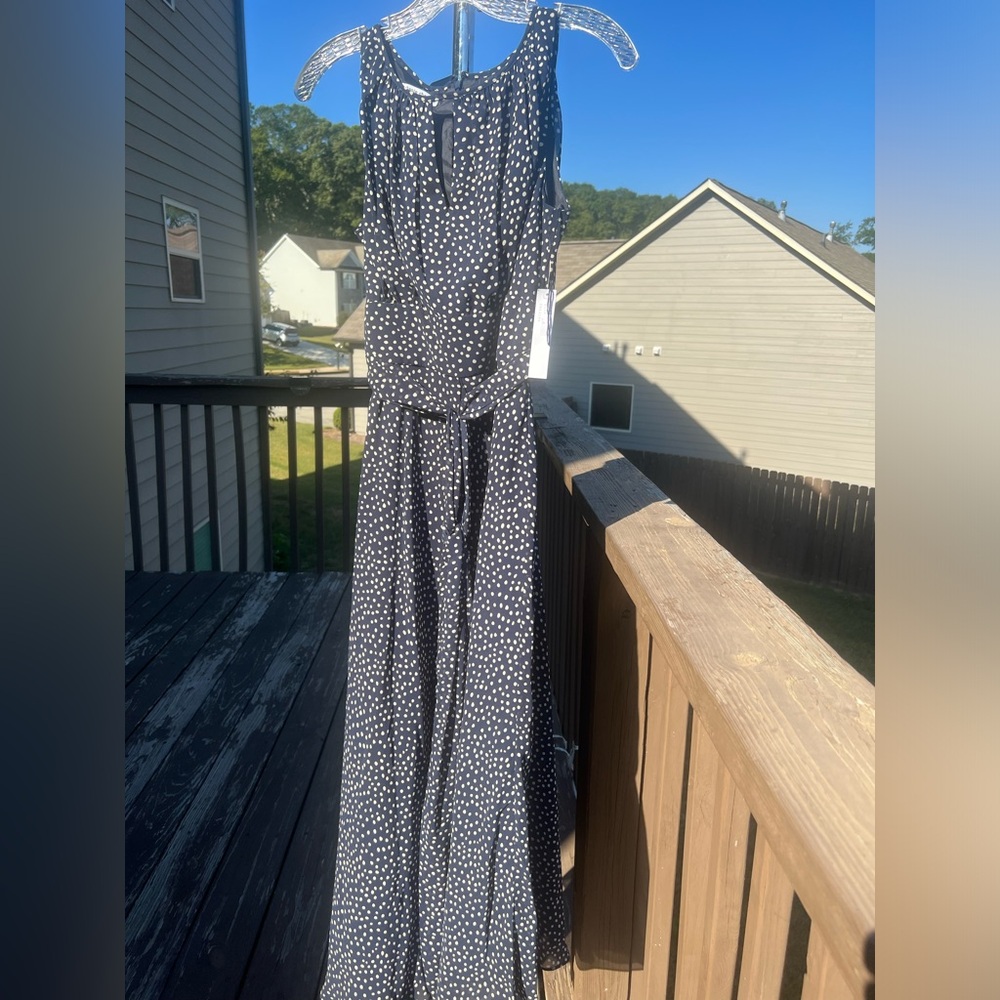 Long navy blue white polka dot dress NWT size 6 Stephanie charles with waist tie